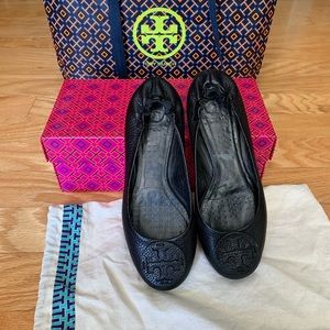Tory Burch Minnie Flat Black Pebbled Leather